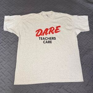 Vintage 90s DARE "Teachers Care" Light Gray T-Shirt Size XXL Single Stitch Crew
